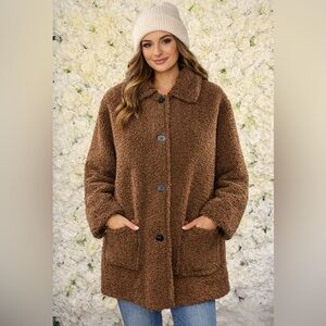 PrettyGarden Brown Teddy Sherpa Coat Jacket Large Soft Cozy Pockets